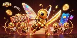 Engage with SKY88's vibrant slots and jackpots in this dynamic 3D casino illustration.