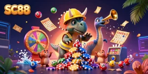 Engage with SC88's thrilling gaming adventure featuring a cheerful triceratops and festive elements.
