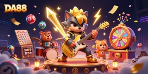 DA88 rock star wolf plays electric guitar on a vibrant casino stage with gaming elements.