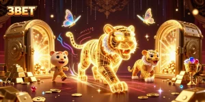 Experience the thrill of 3BET as a neon golden tiger prowls through a vibrant digital casino.
