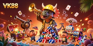 Engage in thrilling gameplay with VK88 at the center of a vibrant casino scene featuring colorful poker chips and slot reels.