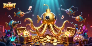 Engage with DEBET's vibrant casino experience featuring a golden kraken amidst floating cards and treasure.