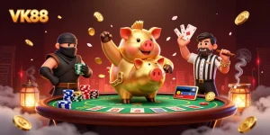 Engage with VK88 at a dynamic casino scene featuring vibrant characters and interactive gambling elements.