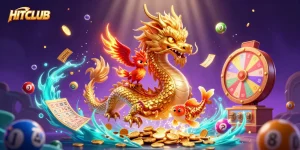 Engage with HITCLUB as golden dragon and phoenix soar amid vibrant casino elements.