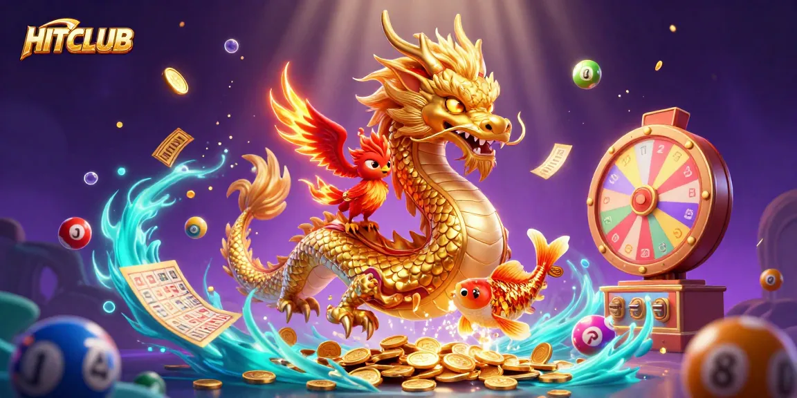 Engage with HITCLUB as golden dragon and phoenix soar amid vibrant casino elements.
