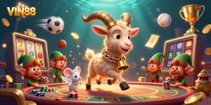 Experience the excitement of VIN88 with a festive 3D casino scene featuring a Krampus goat and elf gremlins.