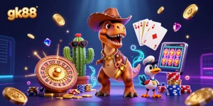 Spin the reels at gk88 with a cowboy T-Rex and friends among dazzling casino elements.
