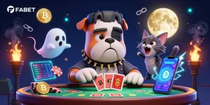 FABET features a whimsical scene with a Frankenstein bulldog dealing cards, enhancing the gaming excitement.