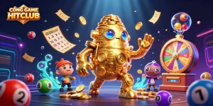 CỔNG GAME HITCLUB brings thrilling gameplay with a lively 3D golden golem surrounded by dynamic lottery elements.