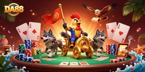 Experience the thrill of DA88 with a cartoon rooster warlord in a vibrant casino scene.