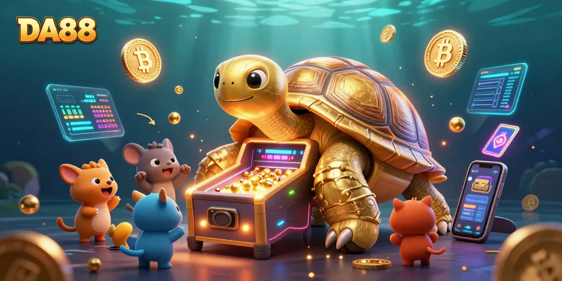 Experience gaming excitement at DA88 with a vibrant 3D illustration of a golden tortoise pinball machine.