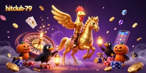 Experience thrilling gaming at hitclub-79 with a golden rooster and vibrant casino elements.