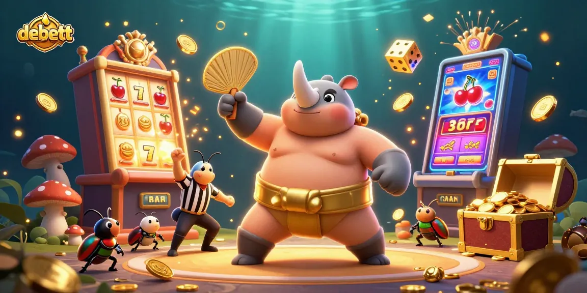 Experience the excitement of debett with a vibrant 3D illustration showcasing a beetle sumo champion and dynamic slot machine bursting with coins.