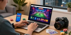 Experience online gambling on https://ko66vn.site/ with vibrant game visuals and engaging interface in a stylish home office.