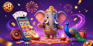 Engage with the vibrant s8 casino scene featuring a golden elephant and peacock surrounded by colorful slot elements.