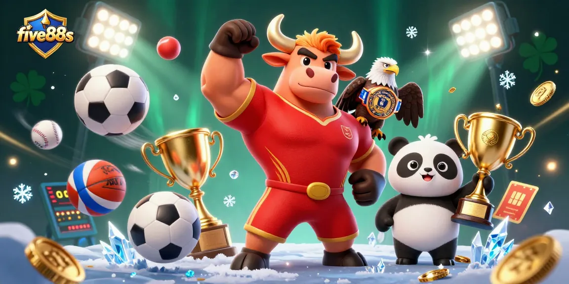 Bettors celebrate with five88s, as dynamic sports elements and trophies surround them in a vibrant casino scene.