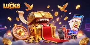 LUCK8 offers thrilling casino action with a captivating treasure chest illustration full of gems and coins.