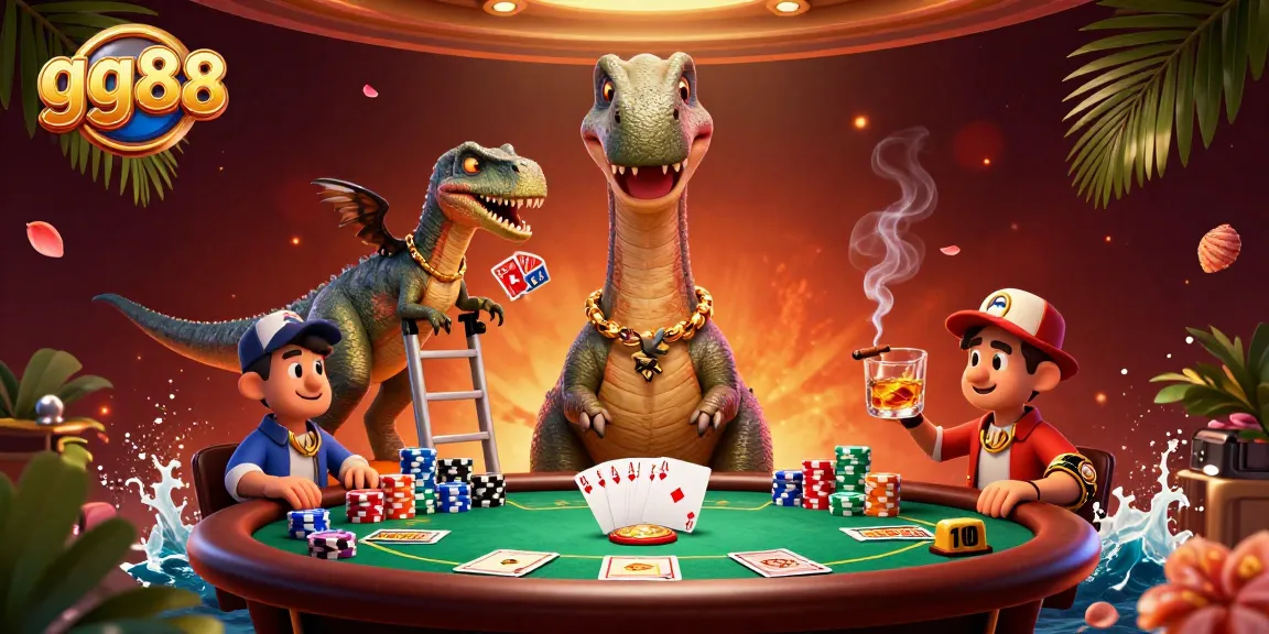 Engage with gg88 as a giant brontosaurus overlooks a vibrant poker table scene filled with action.