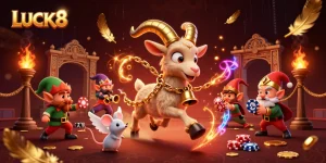 Win big with LUCK8 at the festive casino, featuring a playful scene with characters amidst gold coins.
