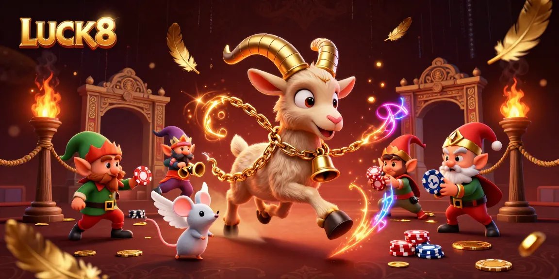 Win big with LUCK8 at the festive casino, featuring a playful scene with characters amidst gold coins.