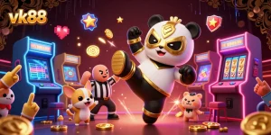 Experience exhilarating gameplay at vk88 with a panda wrestler kicking and slot machines glowing in celebration.