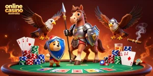 Experience the thrill of online casino Australia with cartoon characters engaging in lively poker action.
