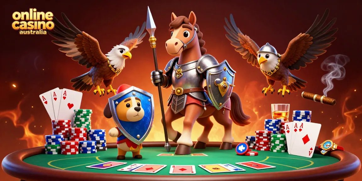 Experience the thrill of online casino Australia with cartoon characters engaging in lively poker action.