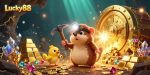 Lucky88 treasure hunter mole and canary explore a cave filled with gems and gold bars.