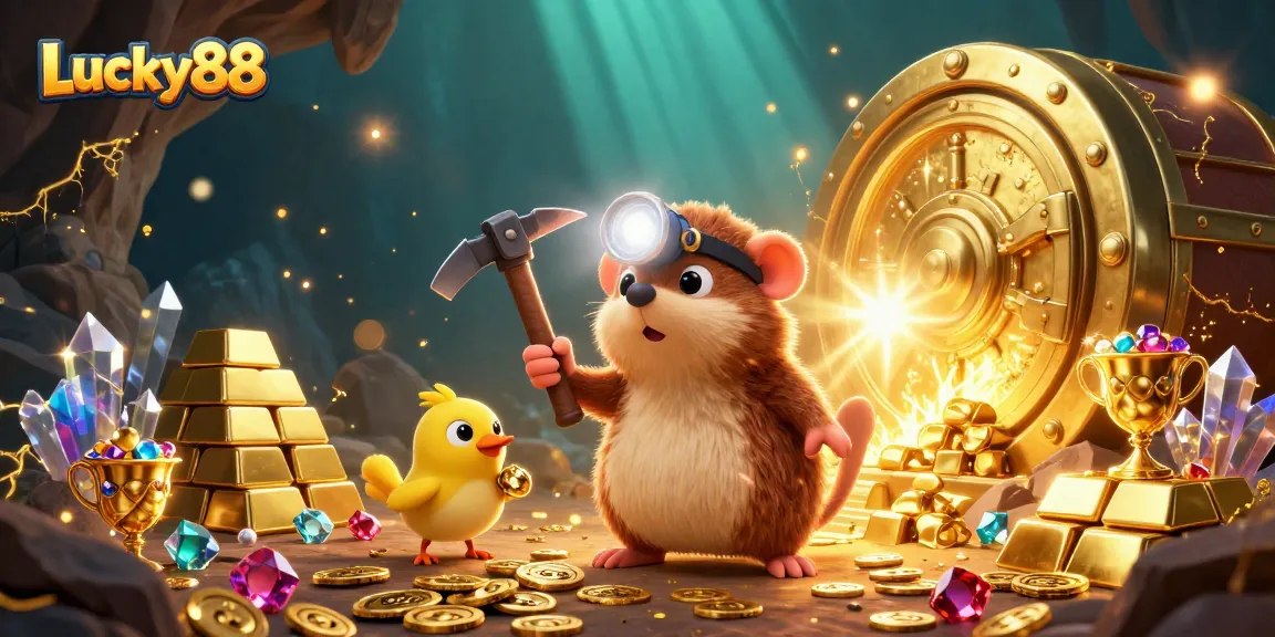 Lucky88 treasure hunter mole and canary explore a cave filled with gems and gold bars.