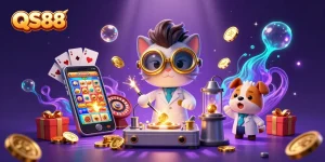 Experience thrilling wins with QS88 in a vibrant futuristic casino scene.