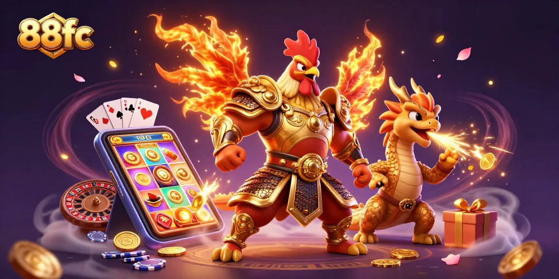 Experience thrilling gameplay at 88fc with a dynamic scene showcasing a fighting rooster warrior, a dragon, and vibrant casino elements.