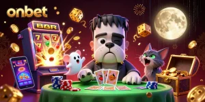 Experience exciting gameplay with onbet while a cartoon bulldog dealer manages the table.