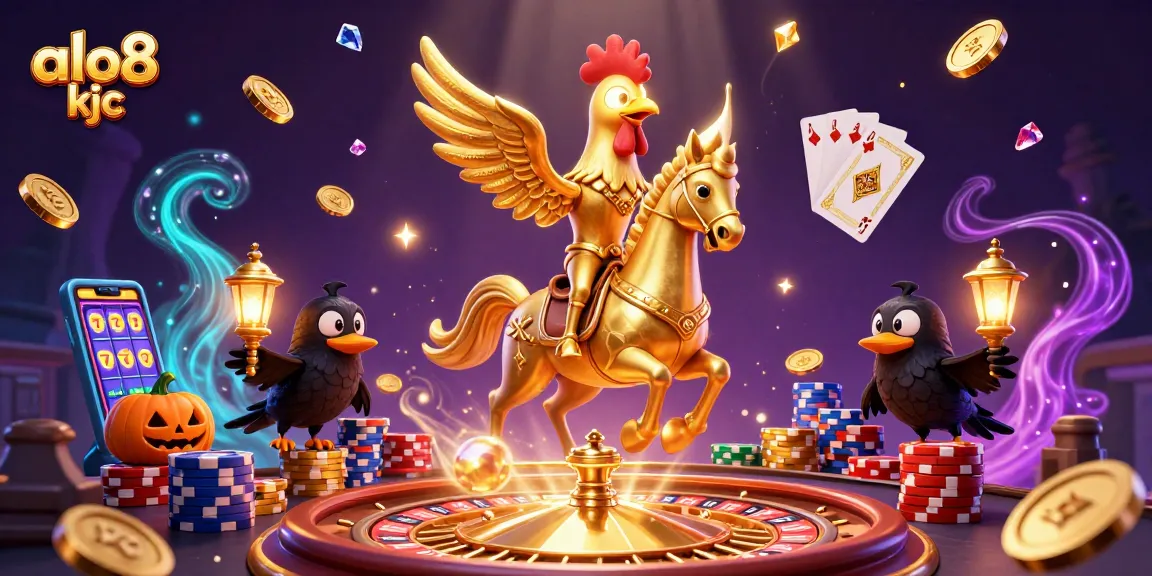 Engage with the vibrant casino scene featuring alo8 kjc's golden rooster amidst sparkling gems.