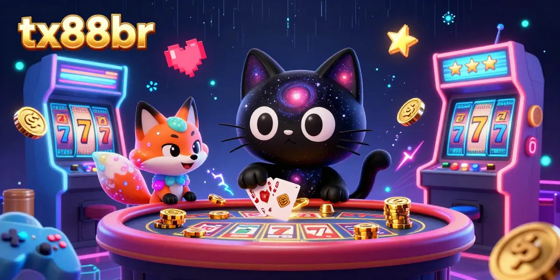 Engage with tx88br's dynamic casino world, featuring cartoon characters amidst vivid games and golden chips.