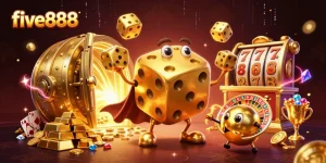 Five888 showcases an engaging scene with a golden dice golem, slot reels, and treasure elements, enhancing excitement.