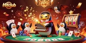 Hitclub players enjoy a captivating casino scene with coins and slot reels flying dynamically in the air.