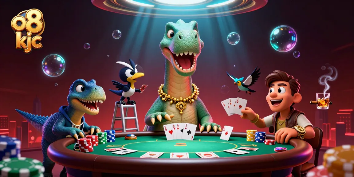 Engage in thrilling poker games at o8 kjc with a playful 3D cartoon scene featuring a giant brontosaurus and raptor dealer.