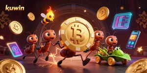 Kuwin's vibrant casino scene with playful ants carrying a giant poker chip amidst glowing cryptocurrencies, symbolizing online gambling excitement.