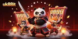 Engage in vibrant gaming at uk88it with a fierce samurai panda and ninja fox amidst colorful slot reels.