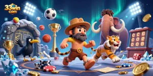 Experience the excitement at 33win com with a vibrant prehistoric casino scene featuring dynamic sports elements.