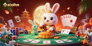 Socolive elevates the excitement with a vibrant casino atmosphere, featuring poker chips, cards, and a whimsical moon rabbit.