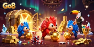 Go8 pangolins compete in a vibrant casino scene, showcasing poker chips and gold treasures.