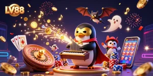 Experience excitement at LV88 with colorful coins flying from a magic organ in this vibrant casino scene.