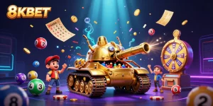 Experience the excitement of 8KBET with a vibrant 3D illustration of casino-themed elements.