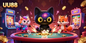 UU88's vibrant cosmic casino scene with a black hole cat, colorful slot machines, and captivating galaxy effects.