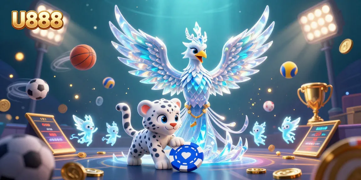 Engage with U888's vibrant gaming scene featuring an ice phoenix, snow leopard, and dynamic sports elements.