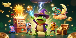 Watch kuwin com's weather wizard frog unleash golden coins in this vibrant casino scene.