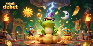 Experience fortune at Nhà cái debet with vibrant golden coins and whimsical characters in a magical casino.