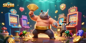 Experience thrilling gameplay at SKY88 Casino with sumo beetles, spinning reels, and jackpot excitement.