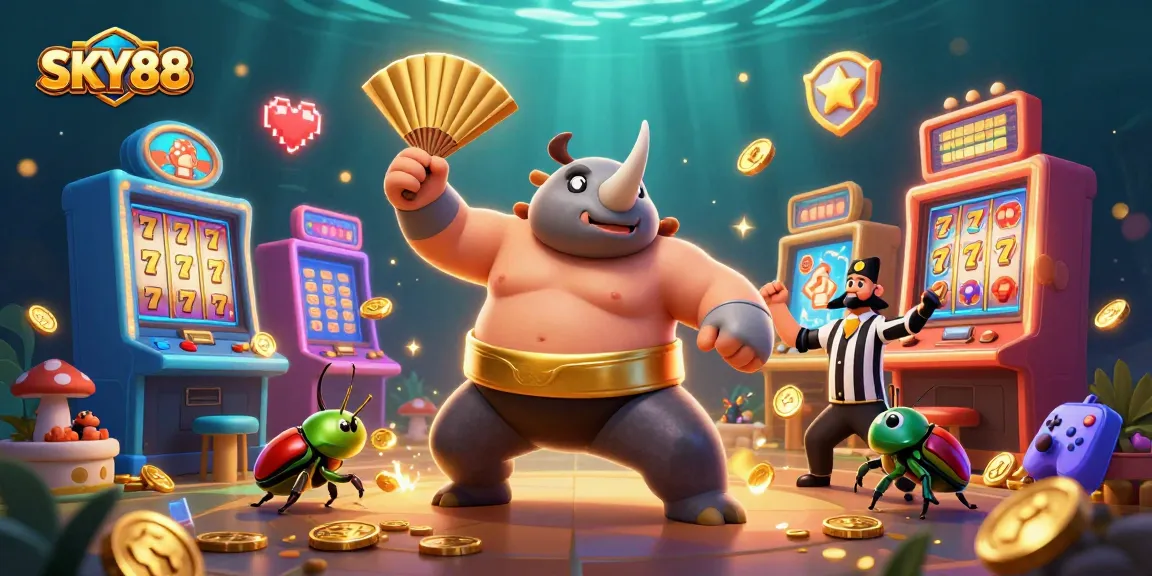 Experience thrilling gameplay at SKY88 Casino with sumo beetles, spinning reels, and jackpot excitement.